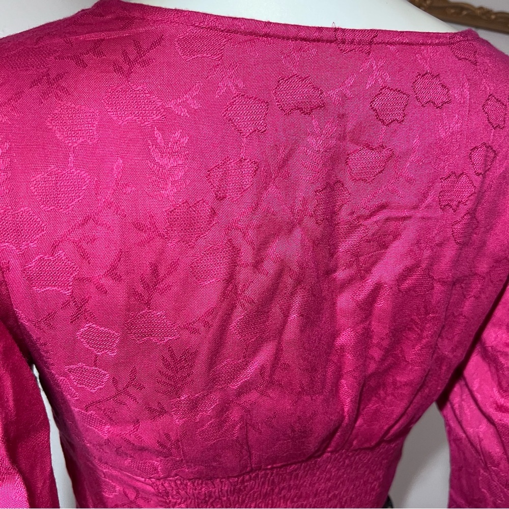 Anthropologie Rahi Rahi square Neck Puffy Sleeve Brocade Crop Top Pink small AB - Picture 7 of 11